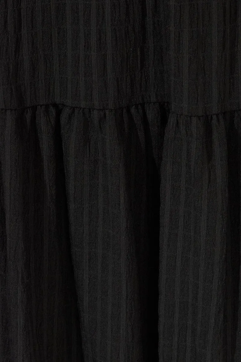 Black Midi Dress Puff Sleeve Ruch Front