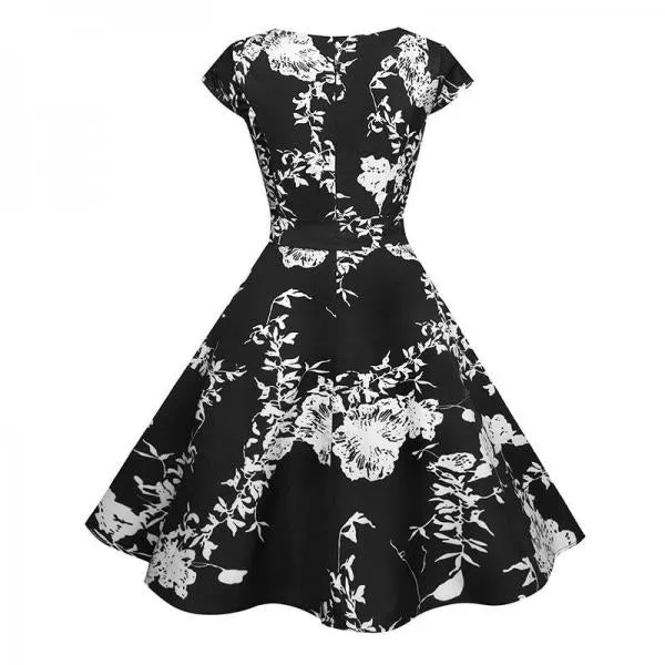 Black White Polka Dot Vintage Dress Floral Print Short Sleeve Retro Robe Rockabilly Dresses Party