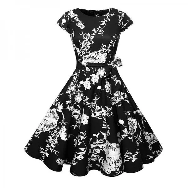 Black White Polka Dot Vintage Dress Floral Print Short Sleeve Retro Robe Rockabilly Dresses Party