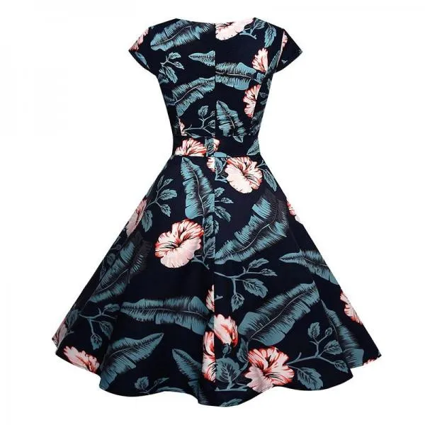Black White Polka Dot Vintage Dress Floral Print Short Sleeve Retro Robe Rockabilly Dresses Party