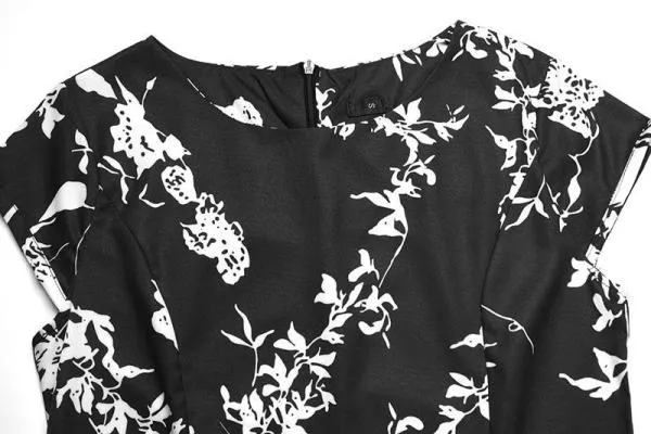 Black White Polka Dot Vintage Dress Floral Print Short Sleeve Retro Robe Rockabilly Dresses Party