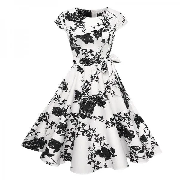 Black White Polka Dot Vintage Dress Floral Print Short Sleeve Retro Robe Rockabilly Dresses Party