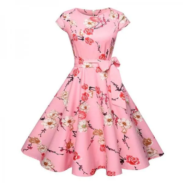 Black White Polka Dot Vintage Dress Floral Print Short Sleeve Retro Robe Rockabilly Dresses Party