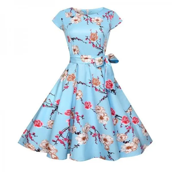 Black White Polka Dot Vintage Dress Floral Print Short Sleeve Retro Robe Rockabilly Dresses Party