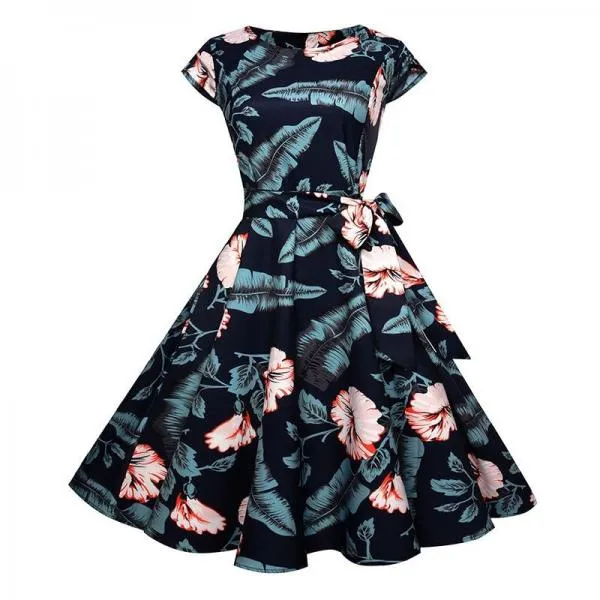 Black White Polka Dot Vintage Dress Floral Print Short Sleeve Retro Robe Rockabilly Dresses Party