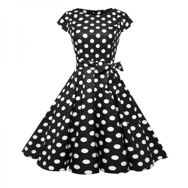 Black White Polka Dot Vintage Dress Floral Print Short Sleeve Retro Robe Rockabilly Dresses Party