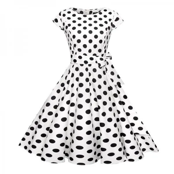 Black White Polka Dot Vintage Dress Floral Print Short Sleeve Retro Robe Rockabilly Dresses Party