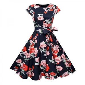 Black White Polka Dot Vintage Dress Floral Print Short Sleeve Retro Robe Rockabilly Dresses Party