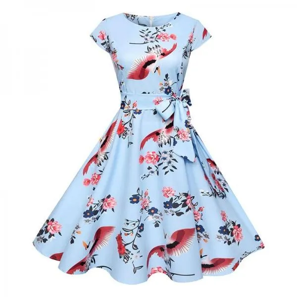 Black White Polka Dot Vintage Dress Floral Print Short Sleeve Retro Robe Rockabilly Dresses Party