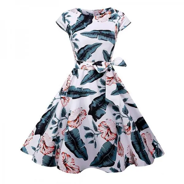 Black White Polka Dot Vintage Dress Floral Print Short Sleeve Retro Robe Rockabilly Dresses Party