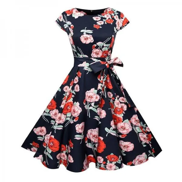 Black White Polka Dot Vintage Dress Floral Print Short Sleeve Retro Robe Rockabilly Dresses Party