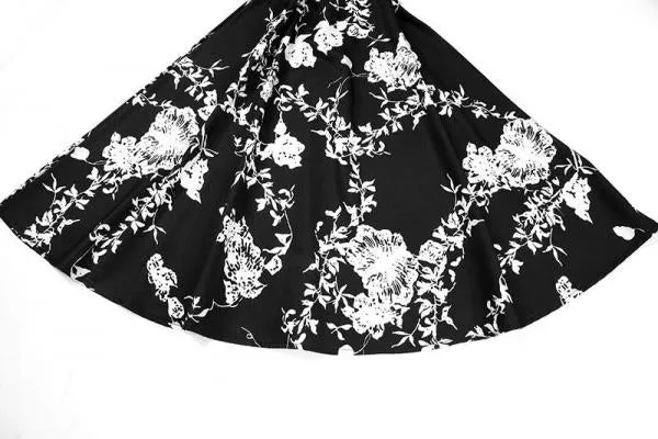 Black White Polka Dot Vintage Dress Floral Print Short Sleeve Retro Robe Rockabilly Dresses Party