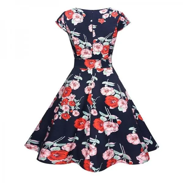 Black White Polka Dot Vintage Dress Floral Print Short Sleeve Retro Robe Rockabilly Dresses Party