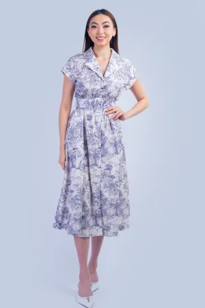 Blue and White English Country Side Print Shirt Dress