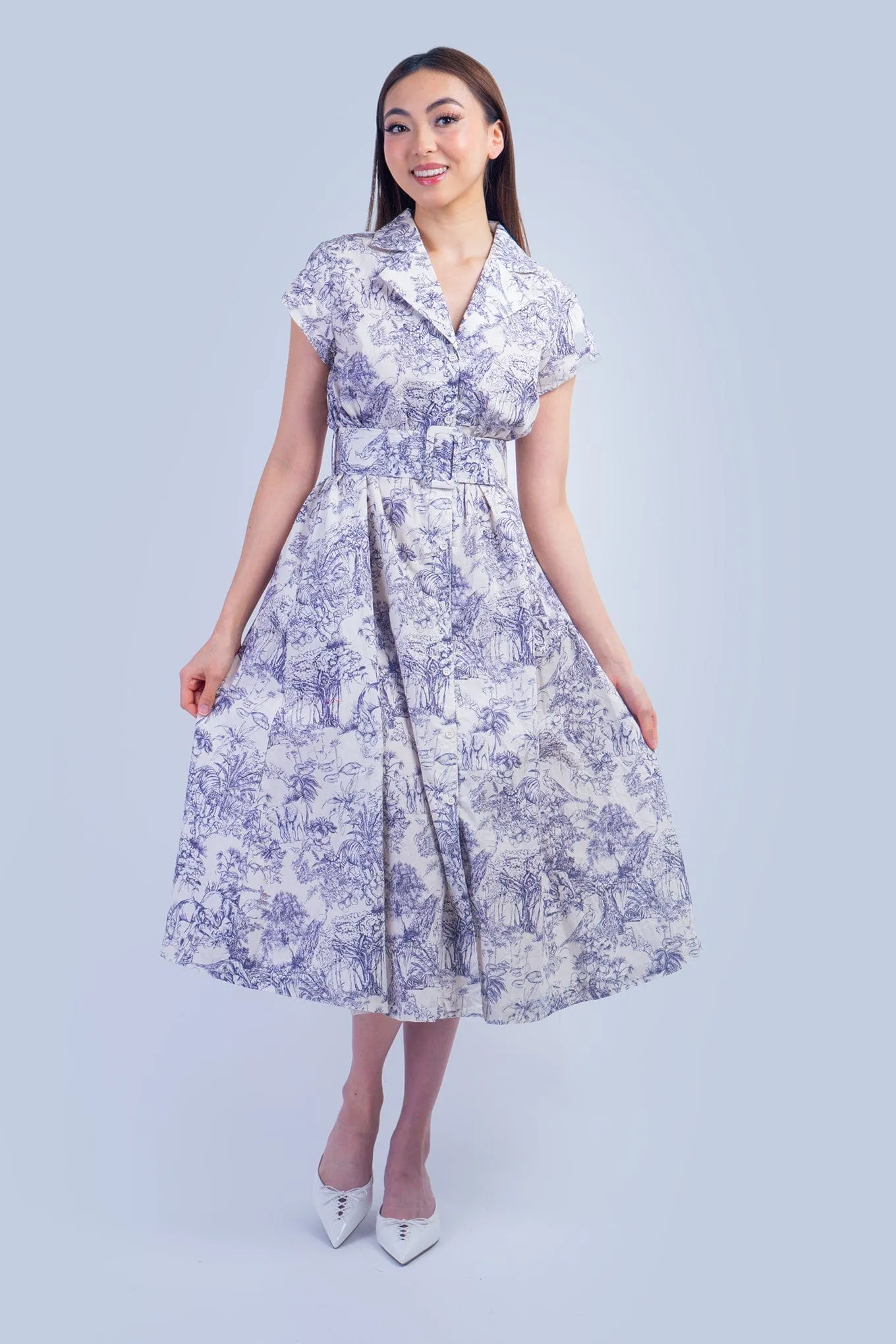 Blue and White English Country Side Print Shirt Dress