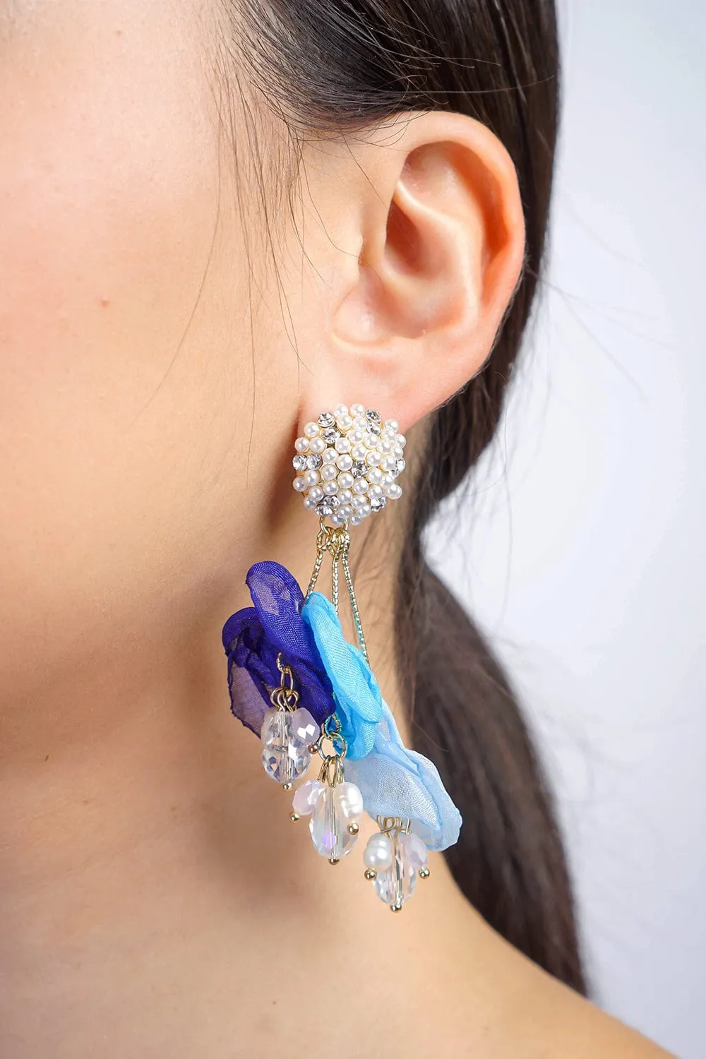 Blue Fabric Diamond Pearl Crystal Petal Drop Earrings