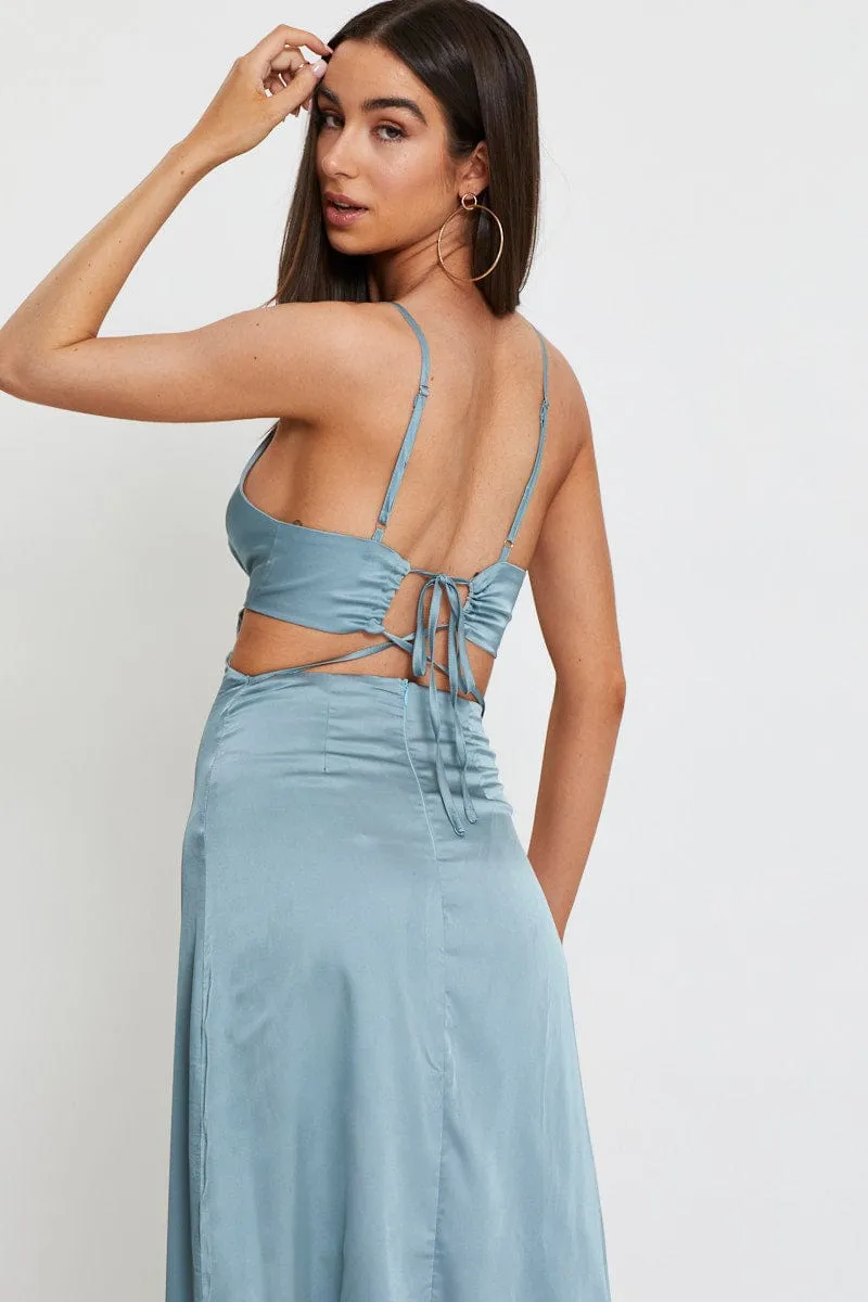 Blue Midi Dress Satin