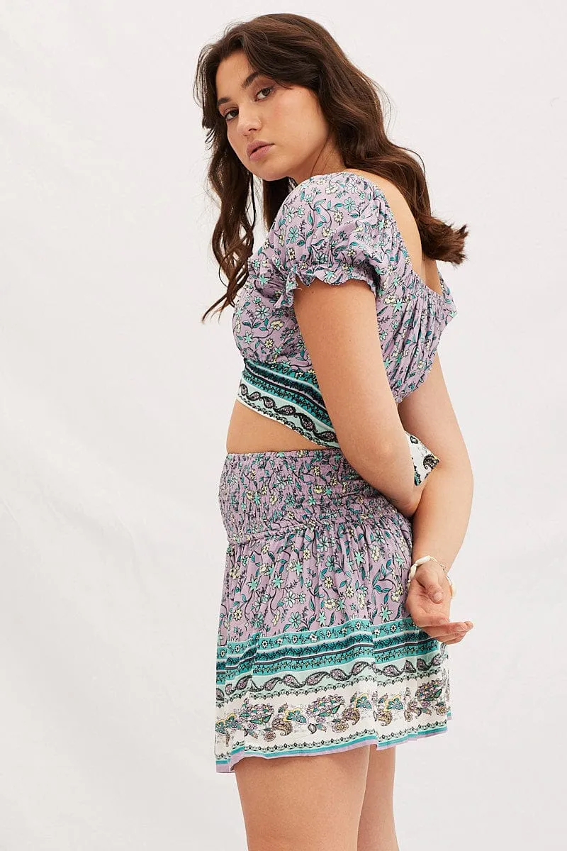 Boho Print Shirred Waist Boho Mini Skater Skirt