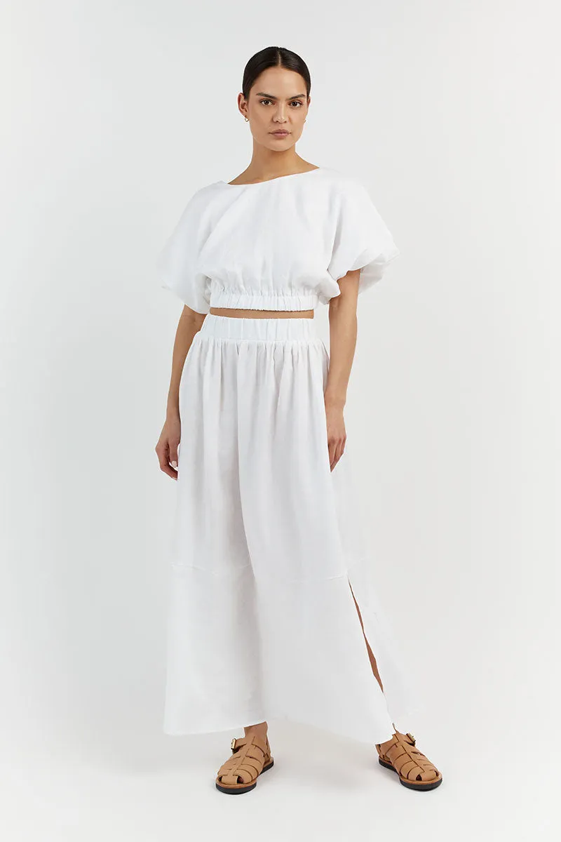 BONNIE WHITE LINEN BUBBLE CROP TOP
