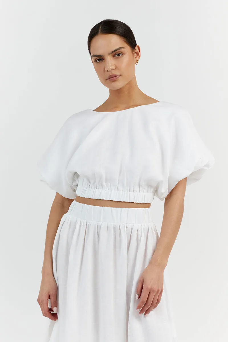 BONNIE WHITE LINEN BUBBLE CROP TOP