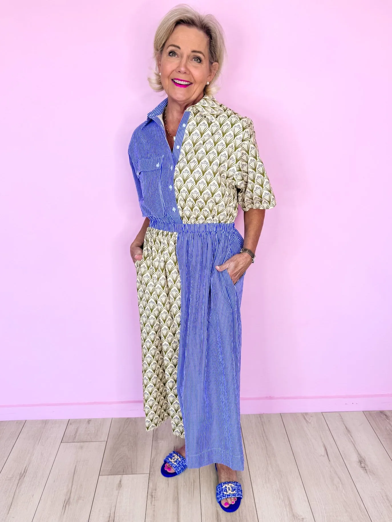 CALLIE COLORBLOCK FLORAL STRIPE DRESS - BLUE