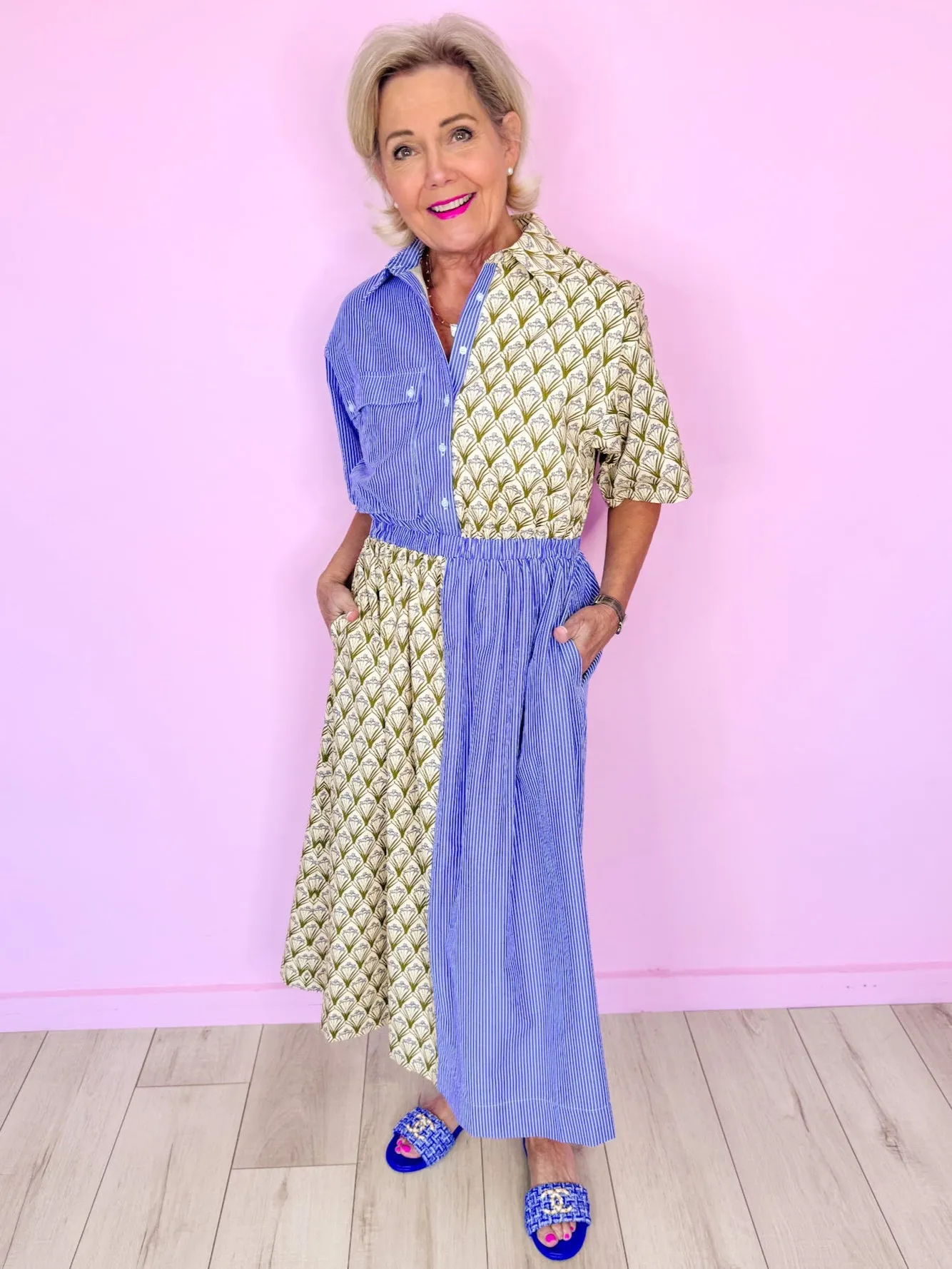 CALLIE COLORBLOCK FLORAL STRIPE DRESS - BLUE