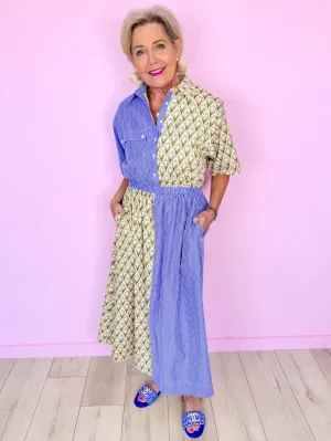 CALLIE COLORBLOCK FLORAL STRIPE DRESS - BLUE