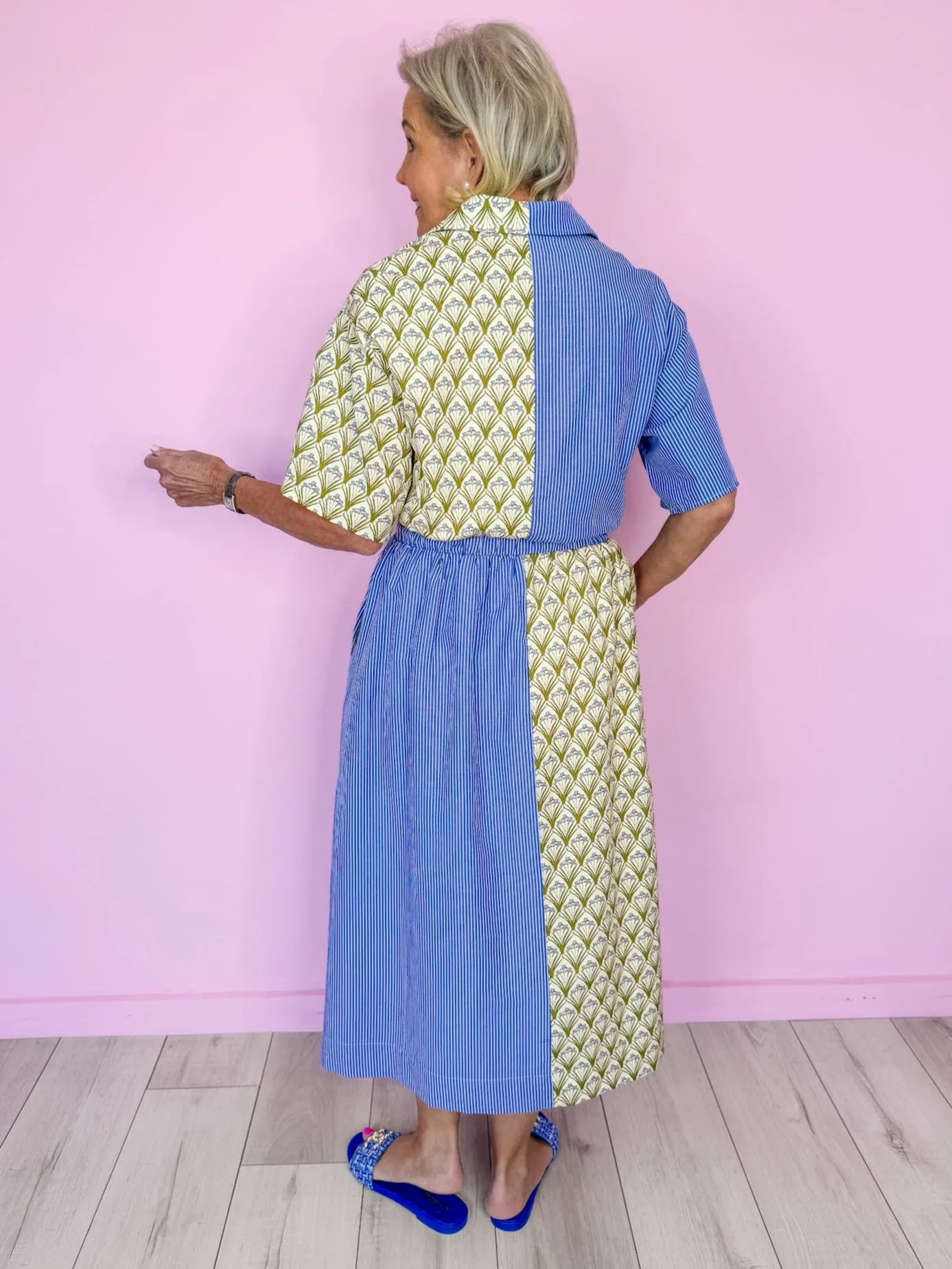 CALLIE COLORBLOCK FLORAL STRIPE DRESS - BLUE