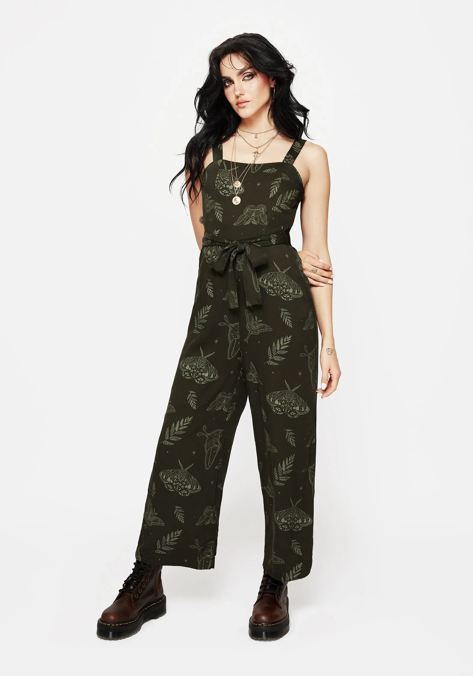 Callopistria Moth Print Wide Leg Jumpsuit - Green