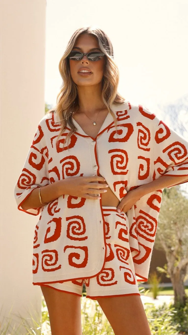 Chelsea Button Up Top - Red Swirl