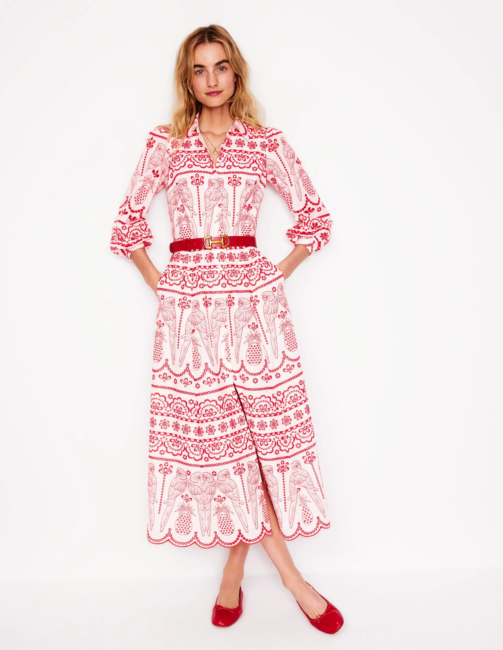 Clara Broderie Shirt Dress-Poppy Red. Parrot Broderie