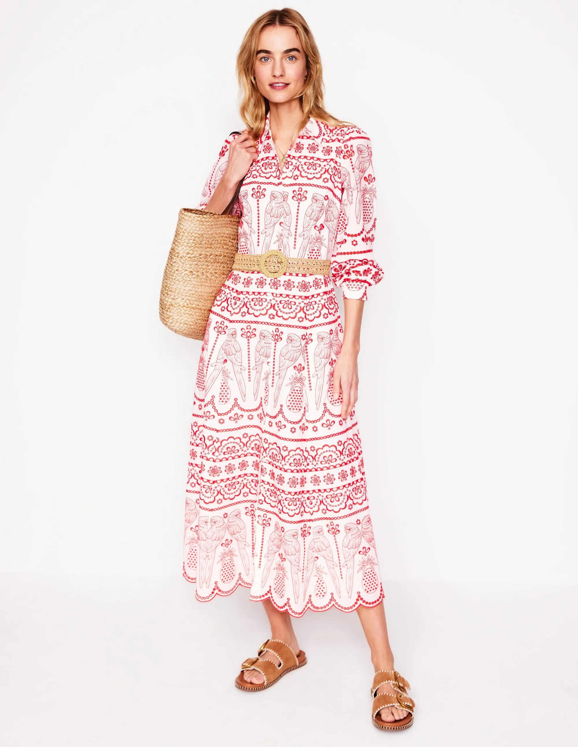 Clara Broderie Shirt Dress-Poppy Red. Parrot Broderie