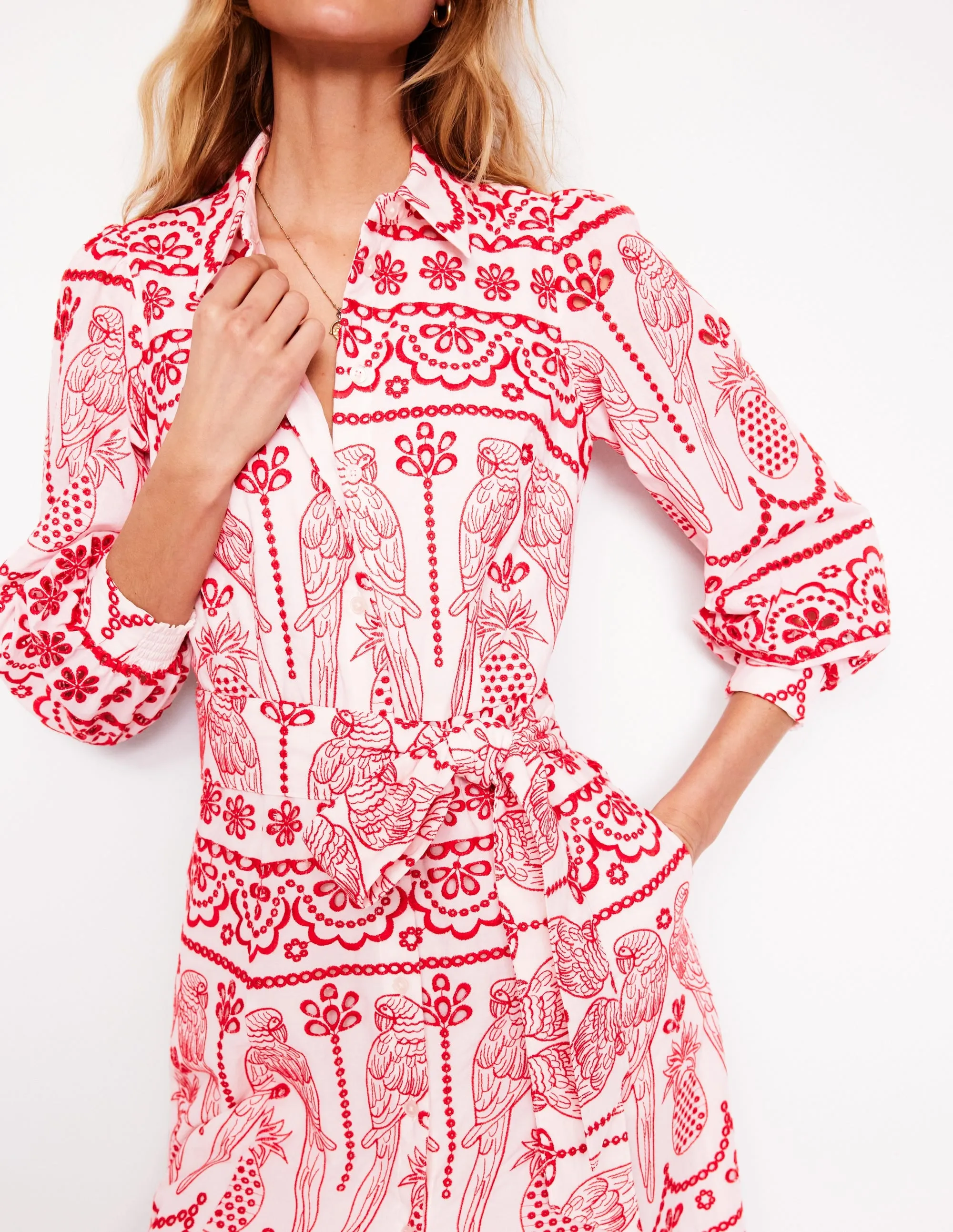 Clara Broderie Shirt Dress-Poppy Red. Parrot Broderie