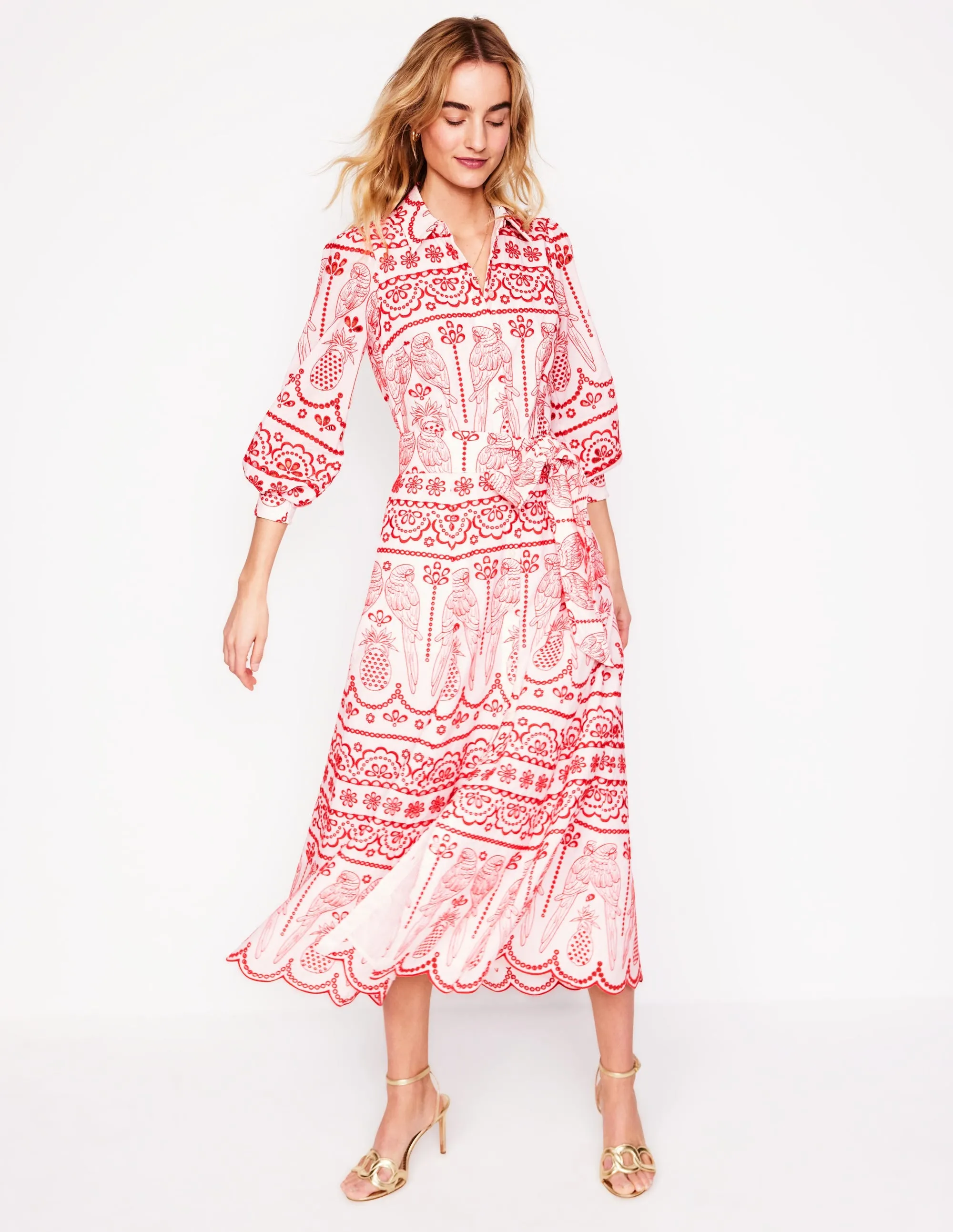 Clara Broderie Shirt Dress-Poppy Red. Parrot Broderie