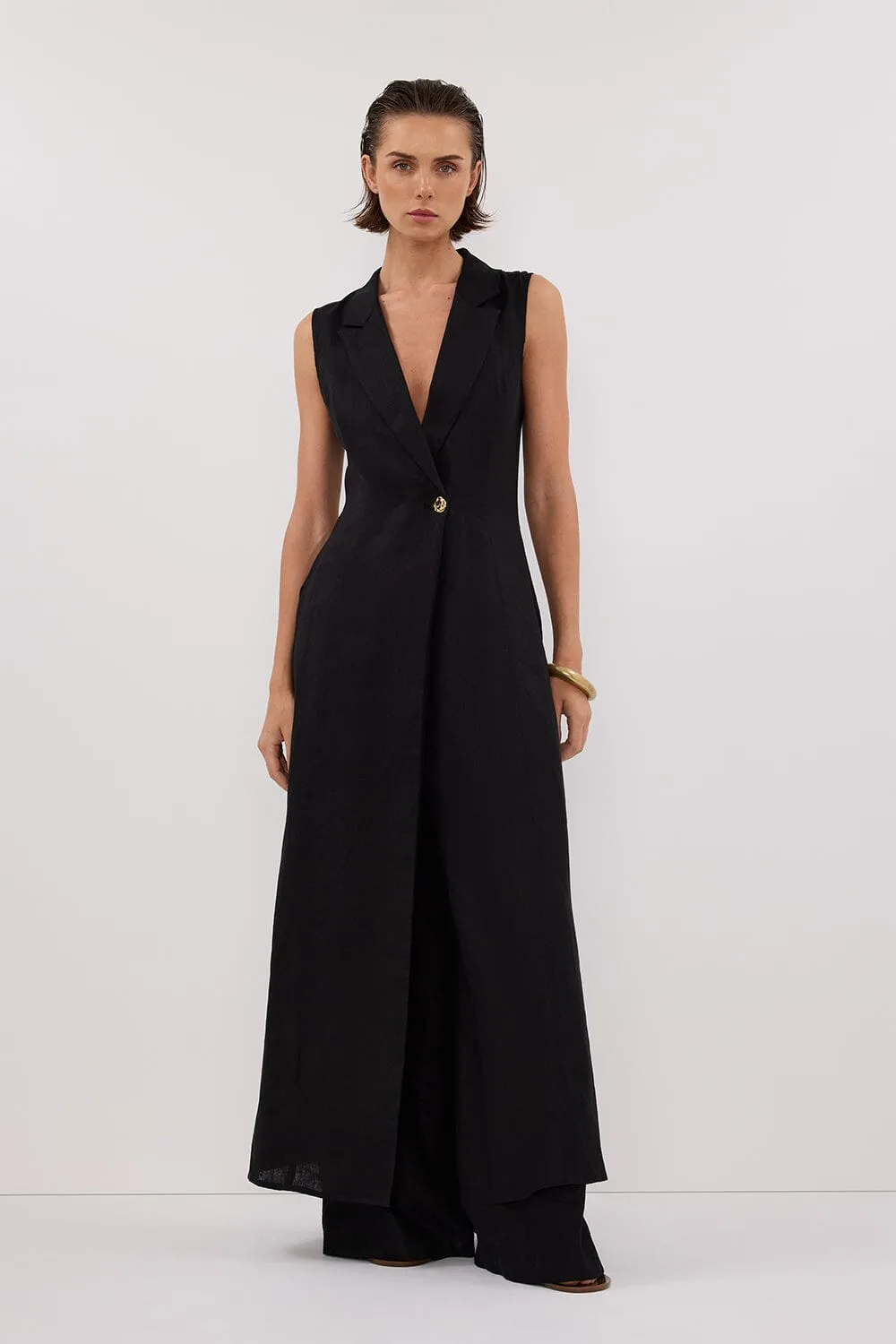 CORA BLACK LINEN MIDI DRESS