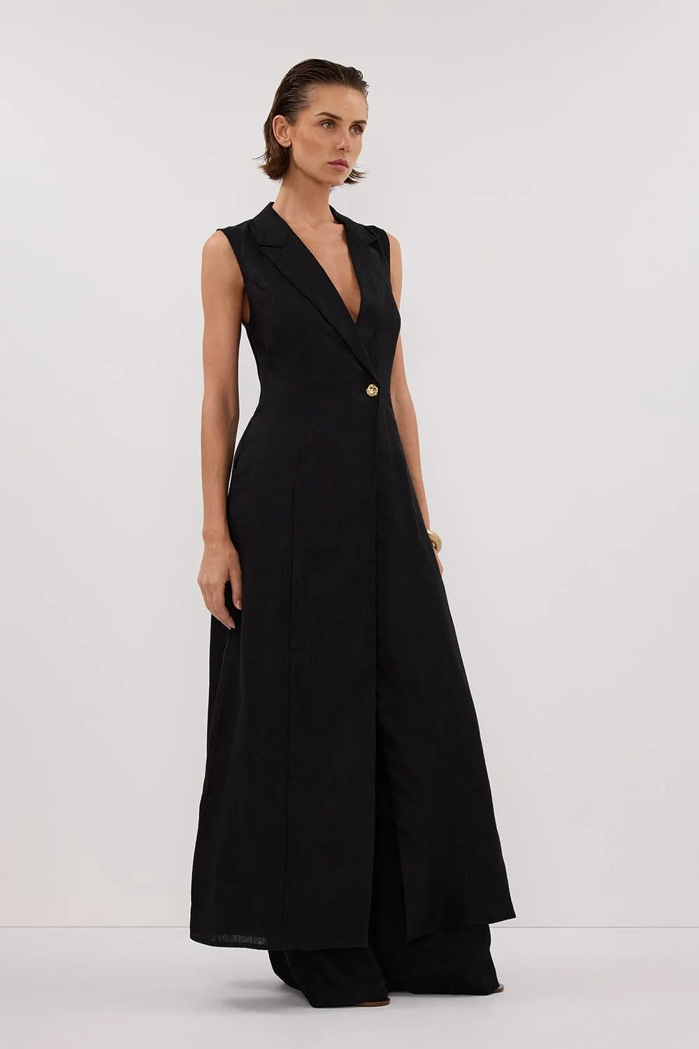 CORA BLACK LINEN MIDI DRESS