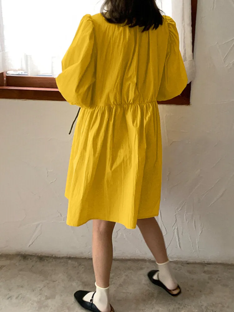 Cotton Plain Puff Sleeve O-neck Holiday Casual Women Mini Dresses