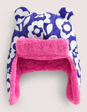 Ear Flap Hat-Blue/Ivory Floral
