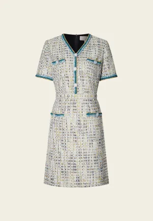 Earth Tone Blue And Gold Detailing Tweed Dress