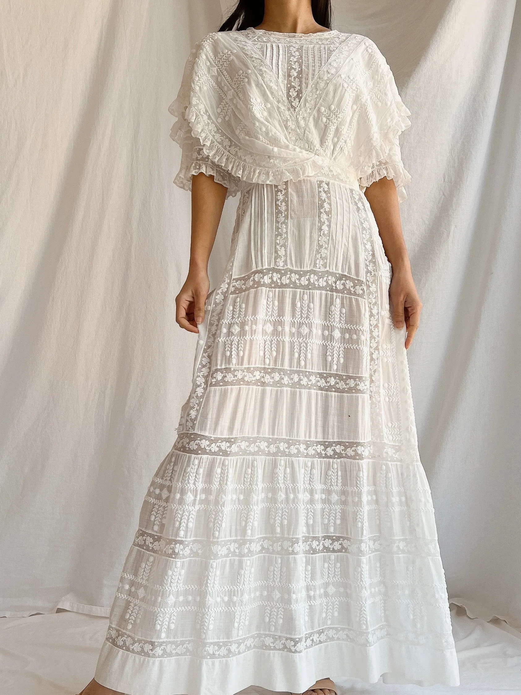 Edwardian Cotton Draped Bodice Lawn Dress - XS