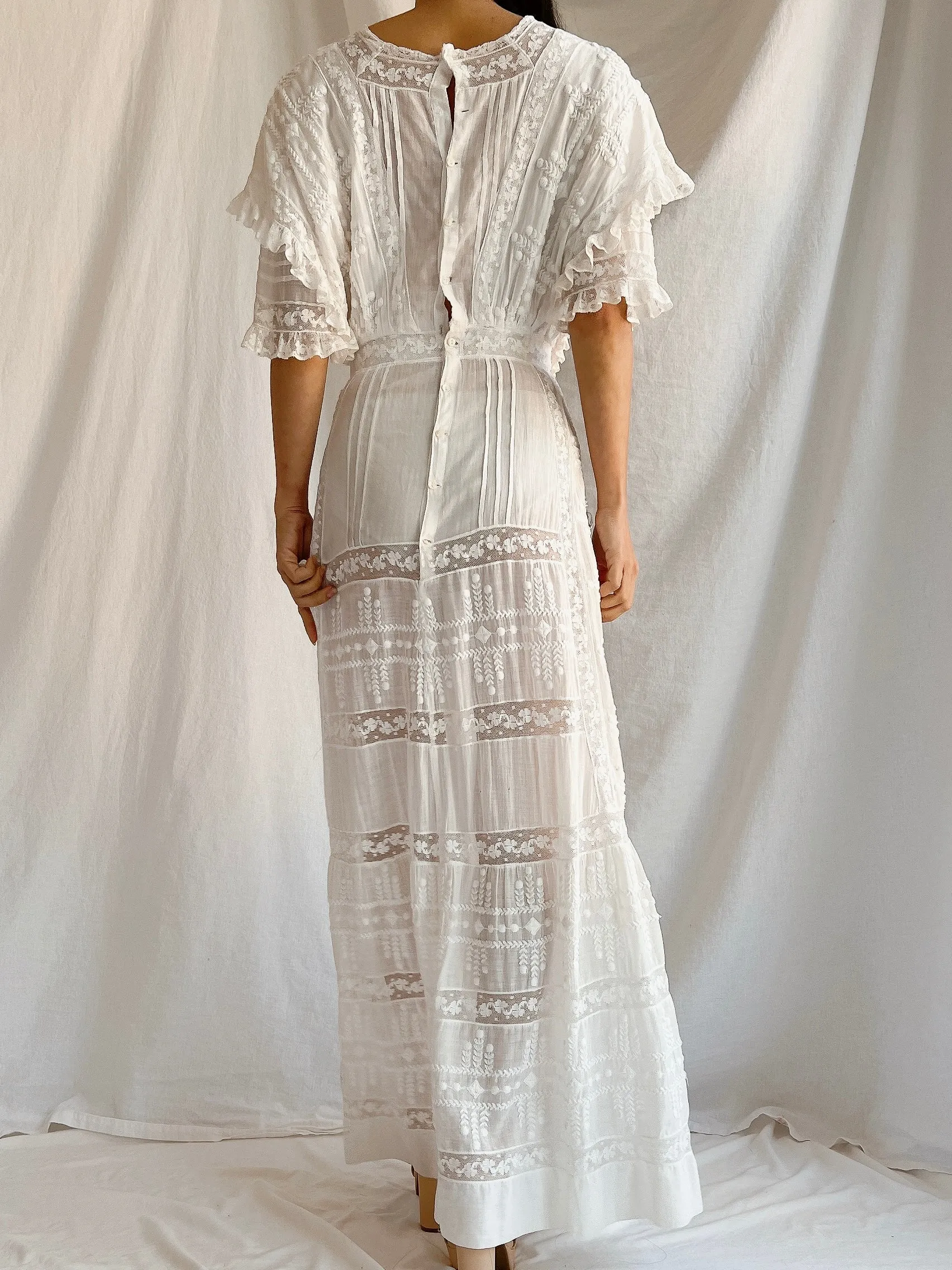 Edwardian Cotton Draped Bodice Lawn Dress - XS