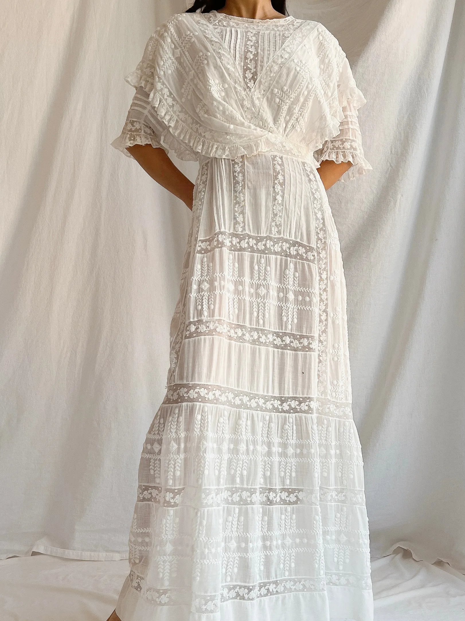 Edwardian Cotton Draped Bodice Lawn Dress - XS