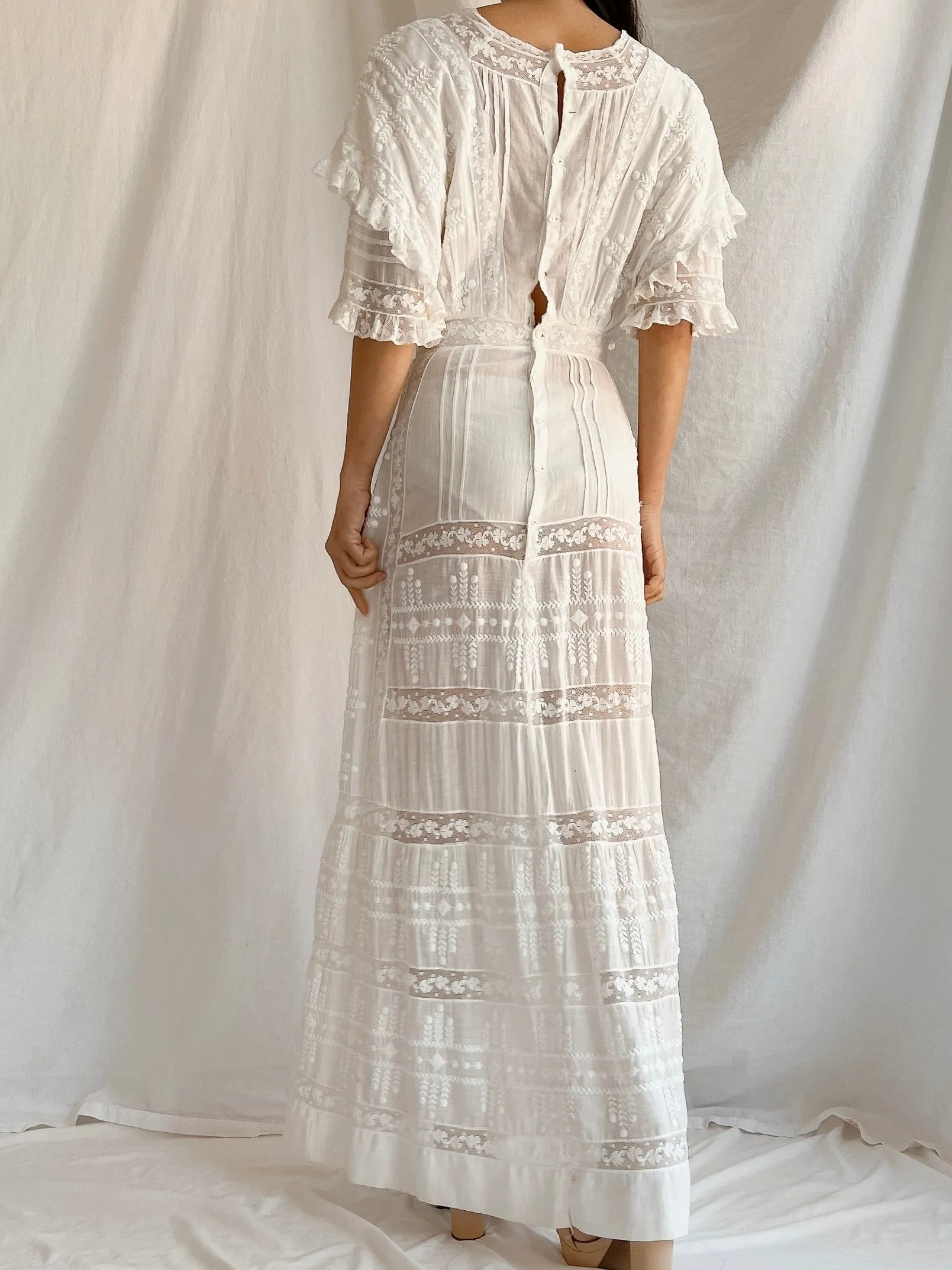 Edwardian Cotton Draped Bodice Lawn Dress - XS