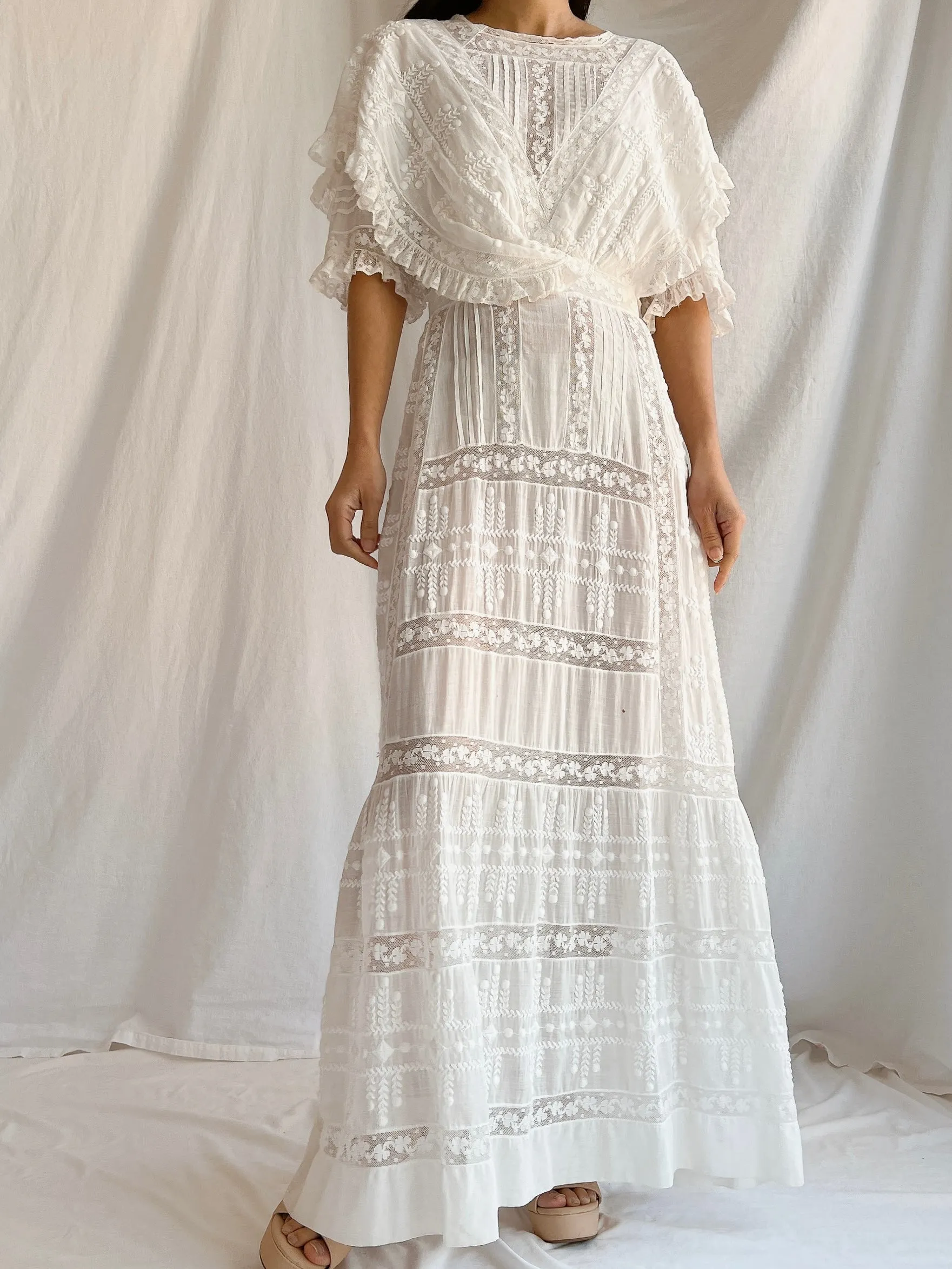 Edwardian Cotton Draped Bodice Lawn Dress - XS