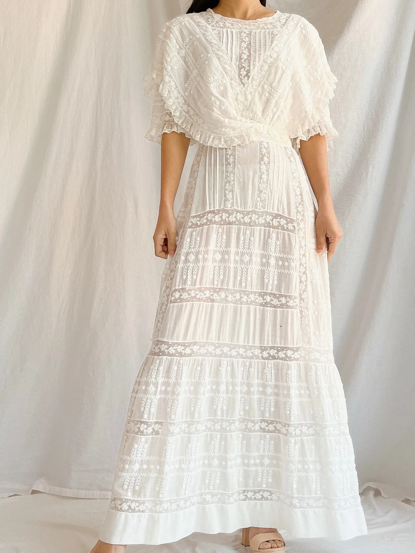 Edwardian Cotton Draped Bodice Lawn Dress - XS
