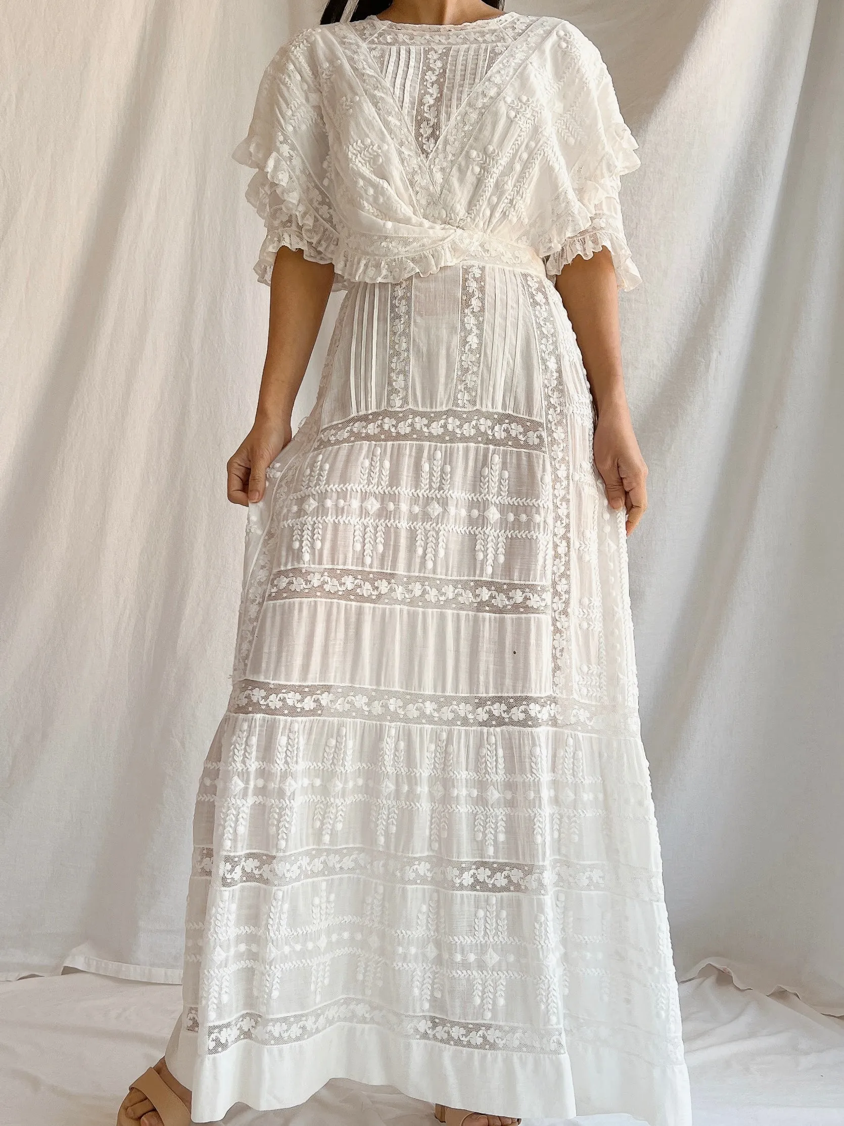 Edwardian Cotton Draped Bodice Lawn Dress - XS