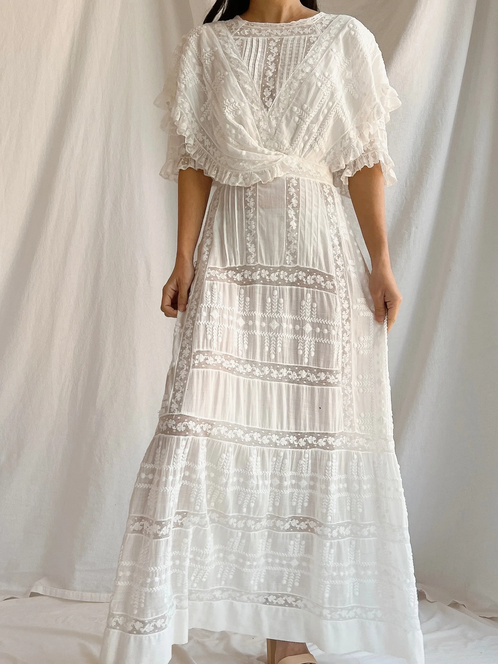 Edwardian Cotton Draped Bodice Lawn Dress - XS