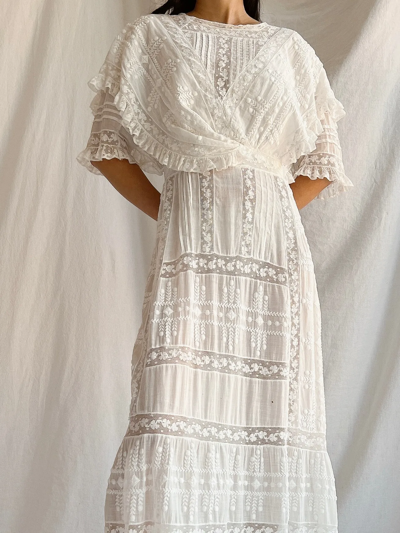 Edwardian Cotton Draped Bodice Lawn Dress - XS