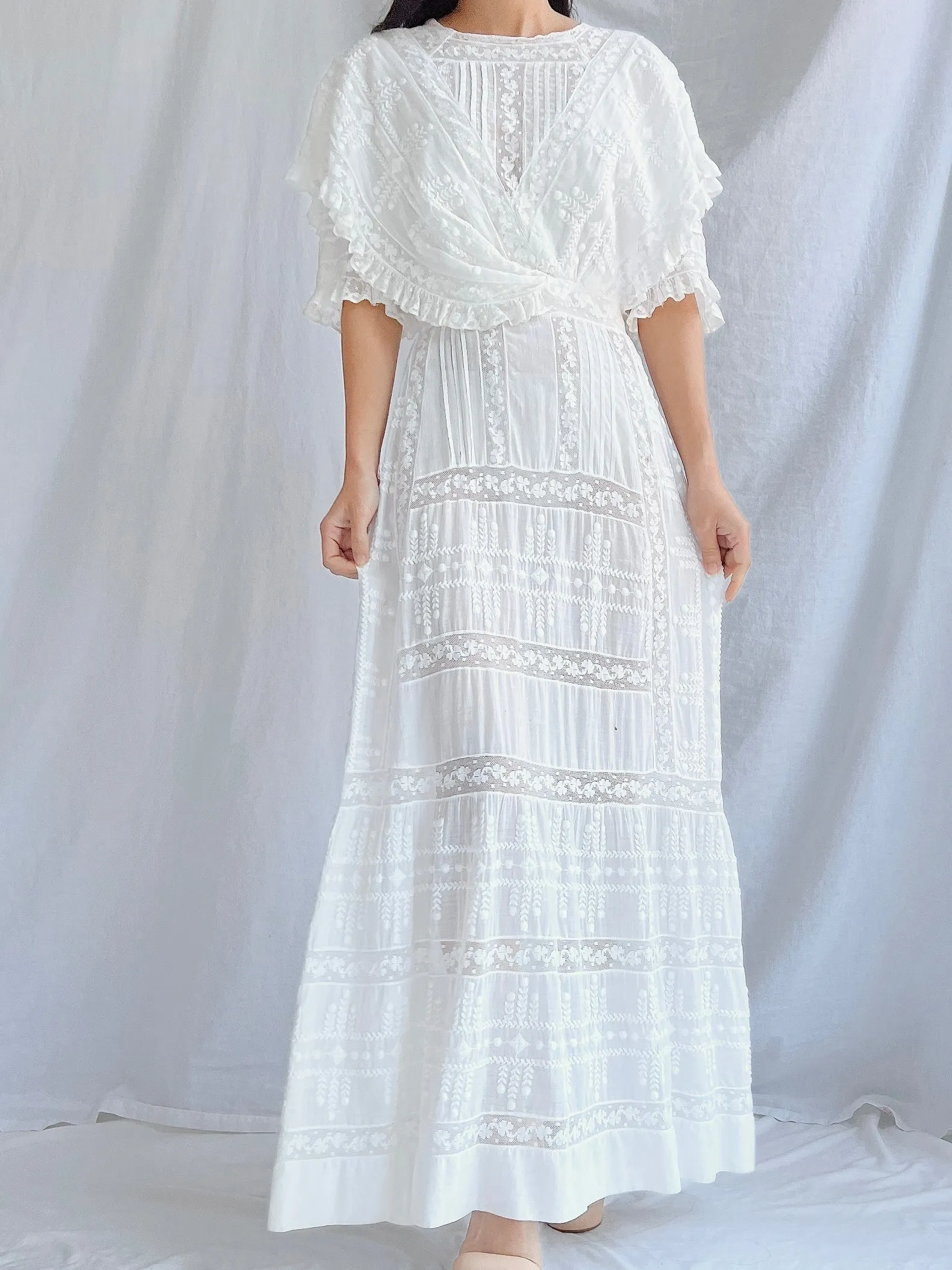 Edwardian Cotton Draped Bodice Lawn Dress - XS