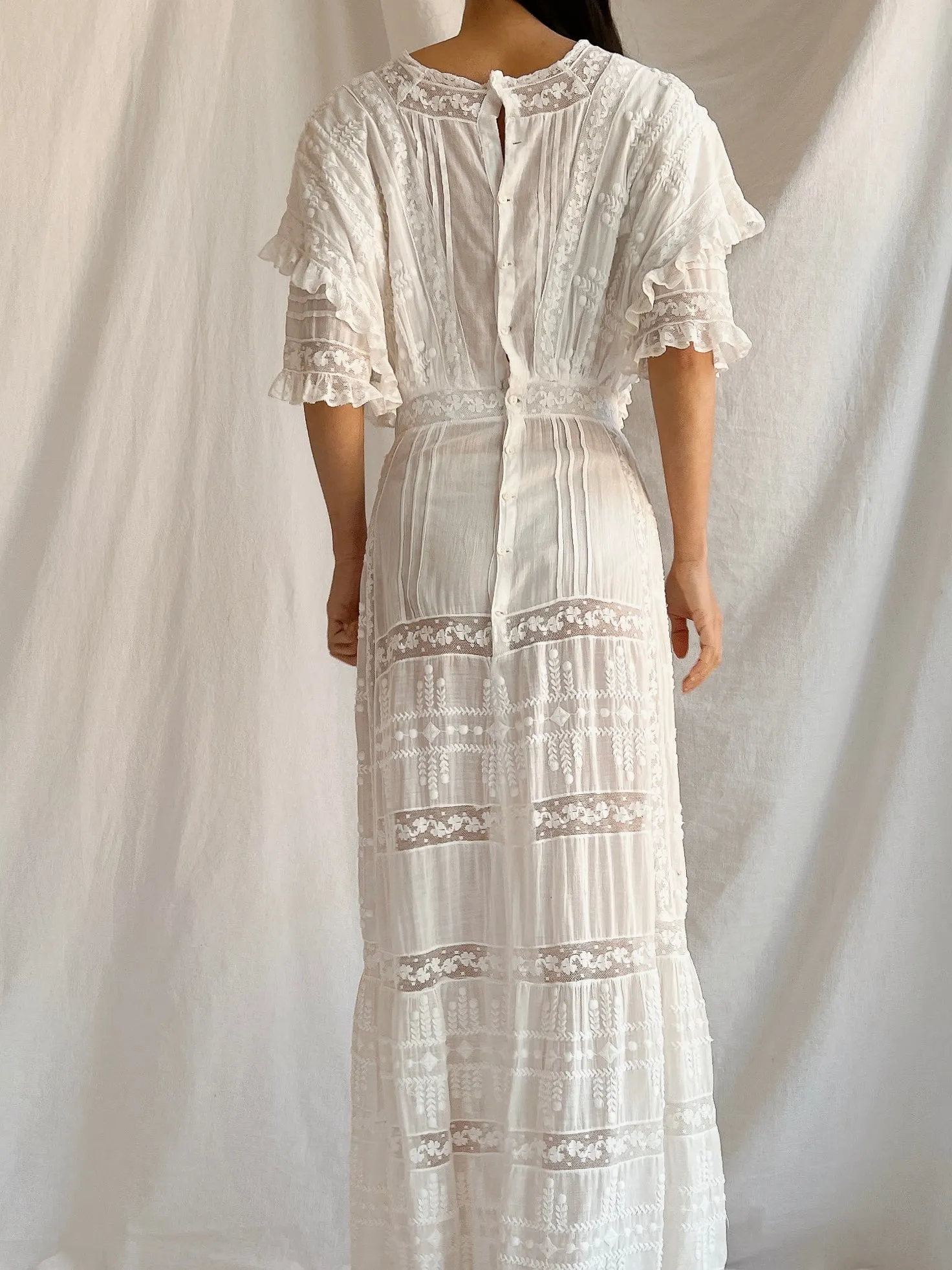 Edwardian Cotton Draped Bodice Lawn Dress - XS